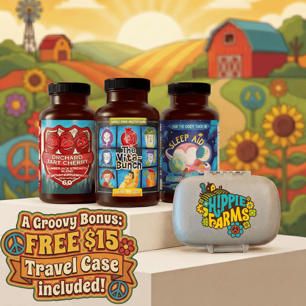 Total Sleep Stack supplement trio with Sleep Aid, Vita-Bunch, Orchard Tart Cherry bottles and travel case on colorful farm backdrop