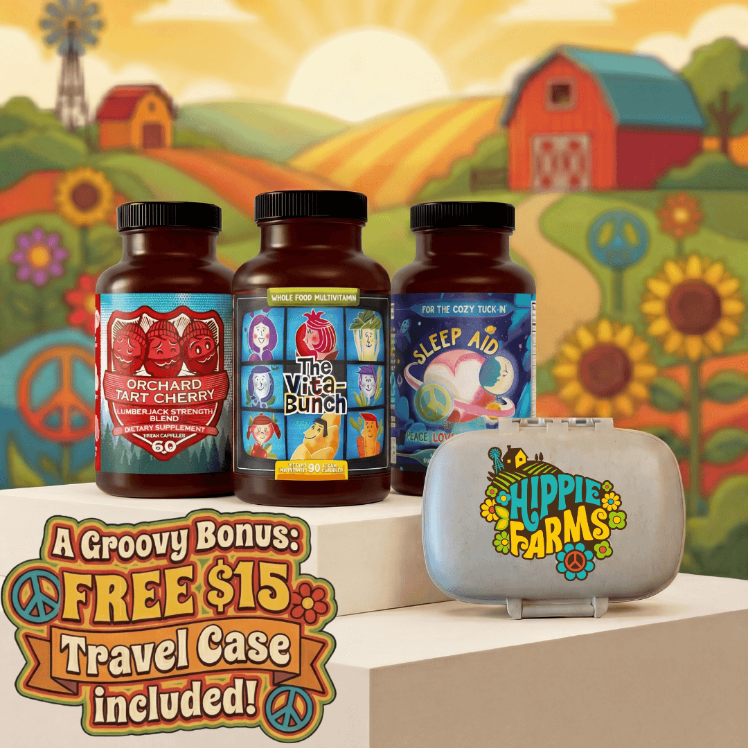 Total Sleep Stack supplement trio with Sleep Aid, Vita-Bunch, Orchard Tart Cherry bottles and travel case on colorful farm backdrop