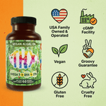 Vegan algae oil bottle with icons for USA grown, cGMP, Vegan, Cruelty Free, Gluten Free — vegan omega 3 supplement