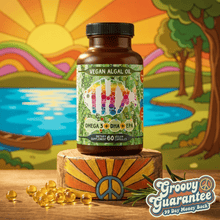 Vegan algae oil bottle with capsules and scenic background - vegan omega 3 supplement