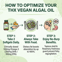 Vegan Algae Oil DHA EPA supplement infographic showing steps to optimize THX vegan omega 3 supplement use