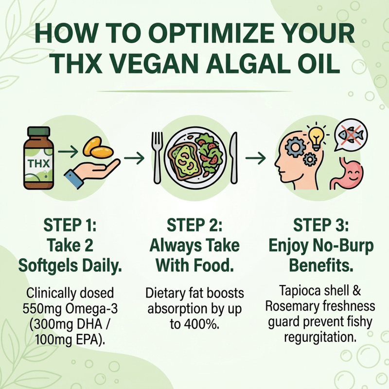 Vegan Algae Oil DHA EPA supplement infographic showing steps to optimize THX vegan omega 3 supplement use