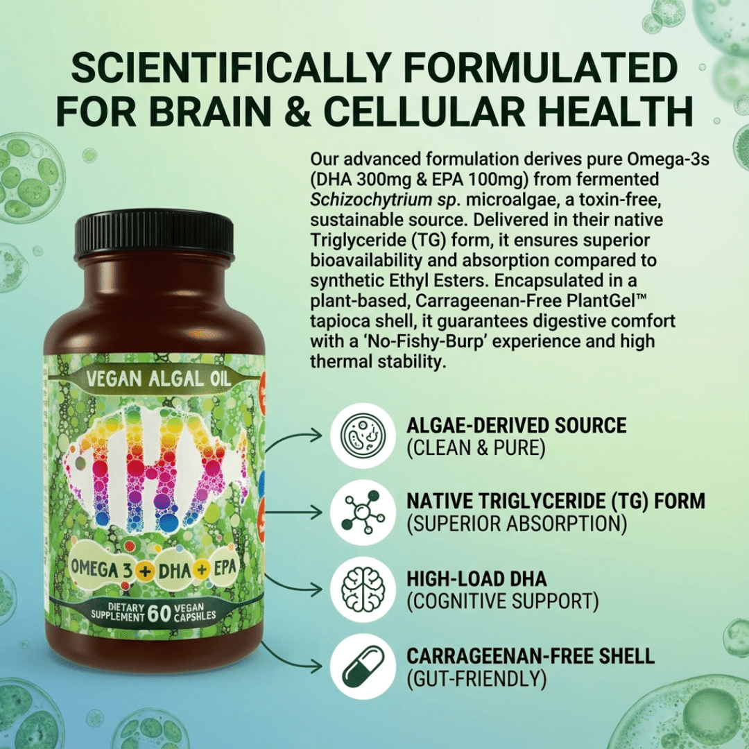 Vegan algae oil bottle with callouts for DHA EPA benefits – vegan omega 3 supplement