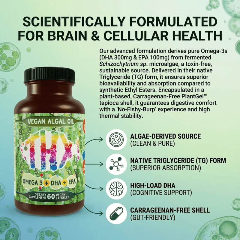 Vegan algae oil bottle with callouts for DHA EPA benefits – vegan omega 3 supplement