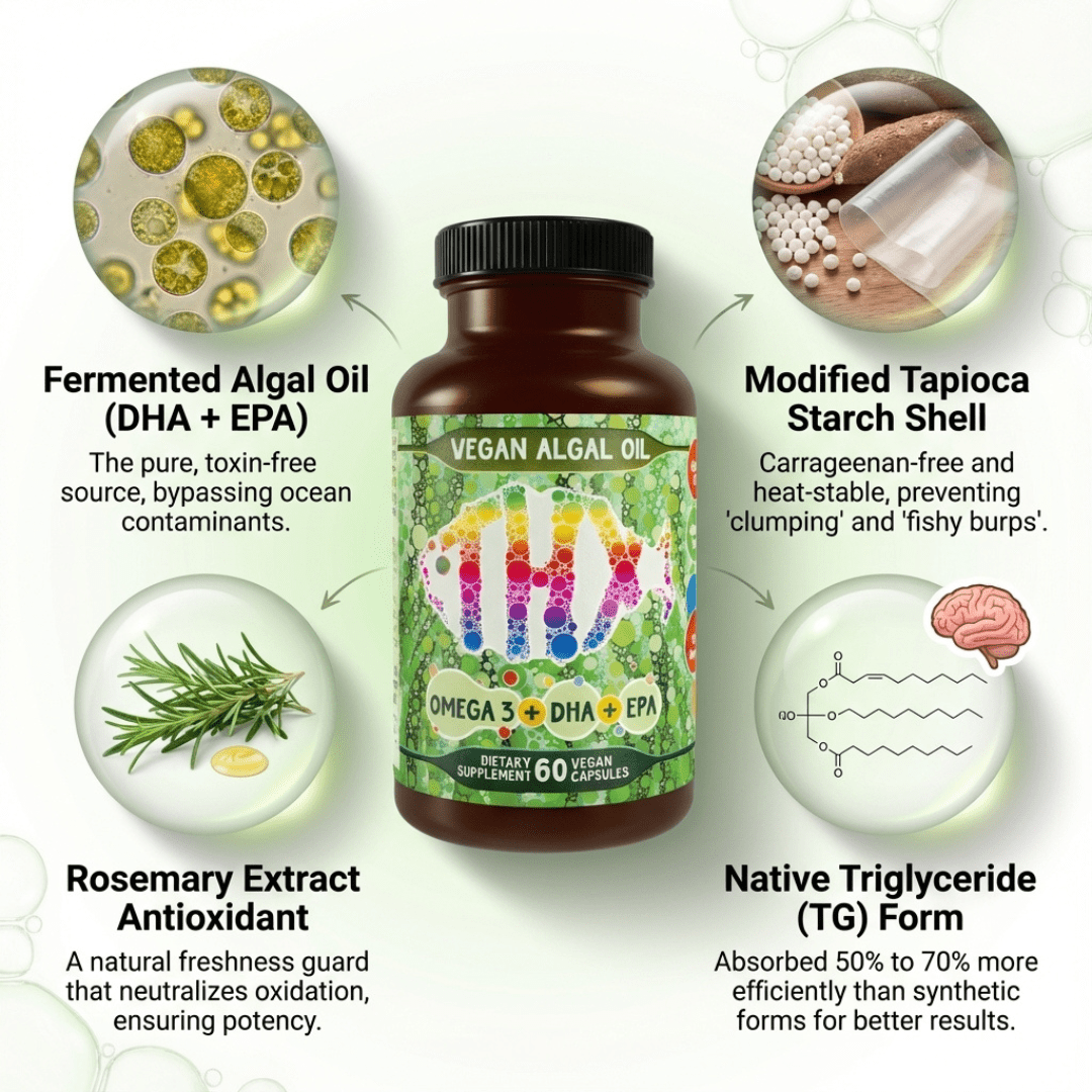Bottle of Vegan Algae Oil supplement with label and ingredient callouts - vegan omega 3 supplement