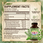 Supplement facts and bottle label for Vegan Algae Oil with DHA & EPA - vegan omega 3 supplement, algae-based DHA EPA, USA-grown cruelty-free