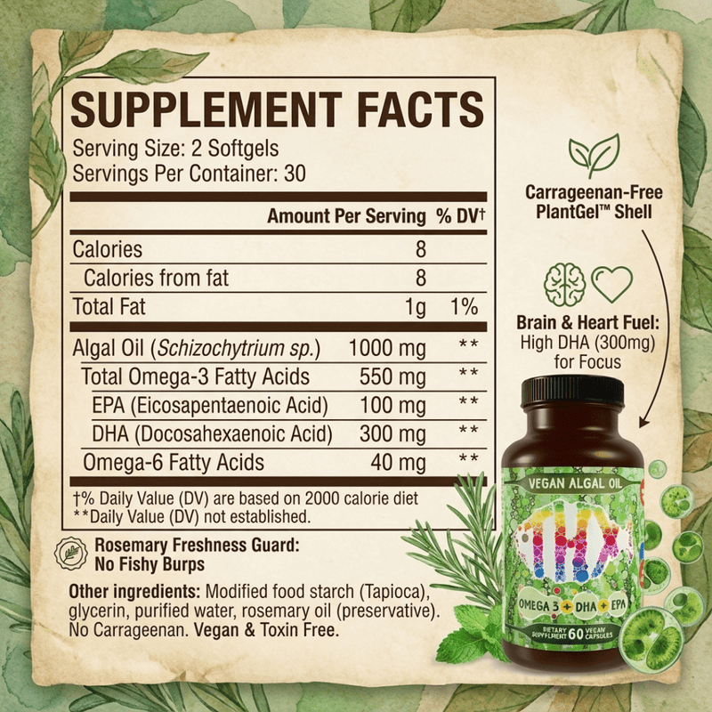 Supplement facts and bottle label for Vegan Algae Oil with DHA & EPA - vegan omega 3 supplement, algae-based DHA EPA, USA-grown cruelty-free