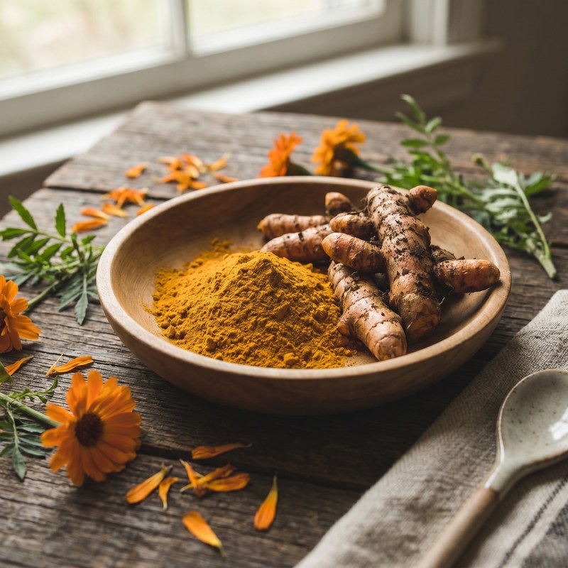 Turmeric root and powder with marigold for lutein
