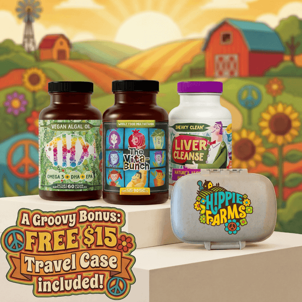 Vital Organ Health and Wellness Stack - Secret Agent Bundle bottles with travel case on colorful farm background