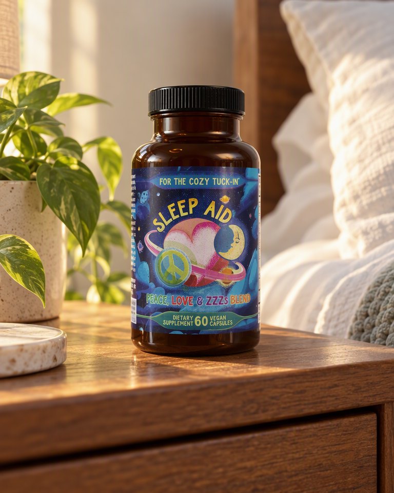 Peace Love and ZZZs bottle on a nightstand in morning light