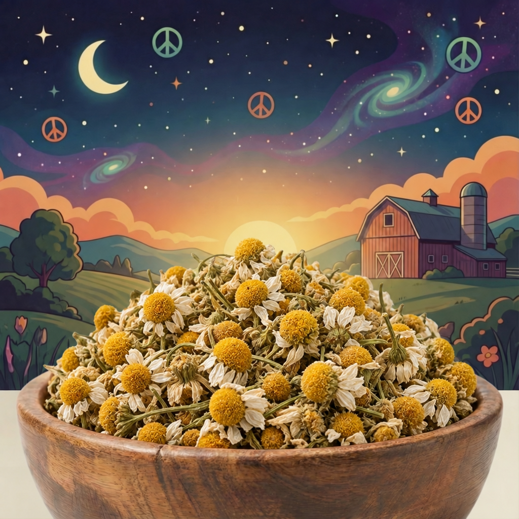 Bowl of dried chamomile flowers under a starry farm sky