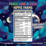 Peace, Love & ZZZs supplement facts: 75 mg magnesium bisglycinate, 150 mg valerian root, 150 mg lemon balm, 100 mg passionflower, 80 mg magnolia bark, 75 mg each hops, chamomile and holy basil