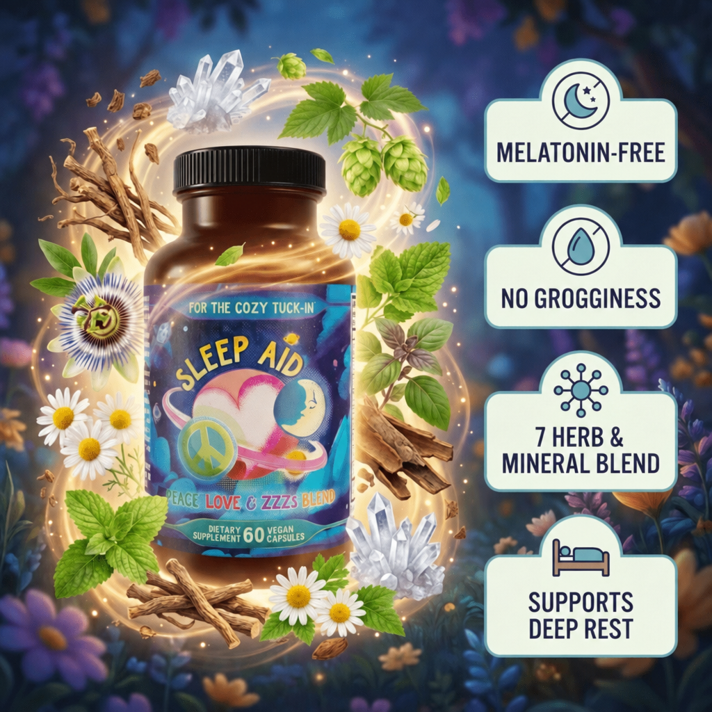 Jar of Premium Sleep Aid Formula - Peace, Love, and ZZZ's Blend bottle surrounded by herbs and icons highlighting melatonin-free, no grogginess, supports deep rest; natural sleep aid supplement