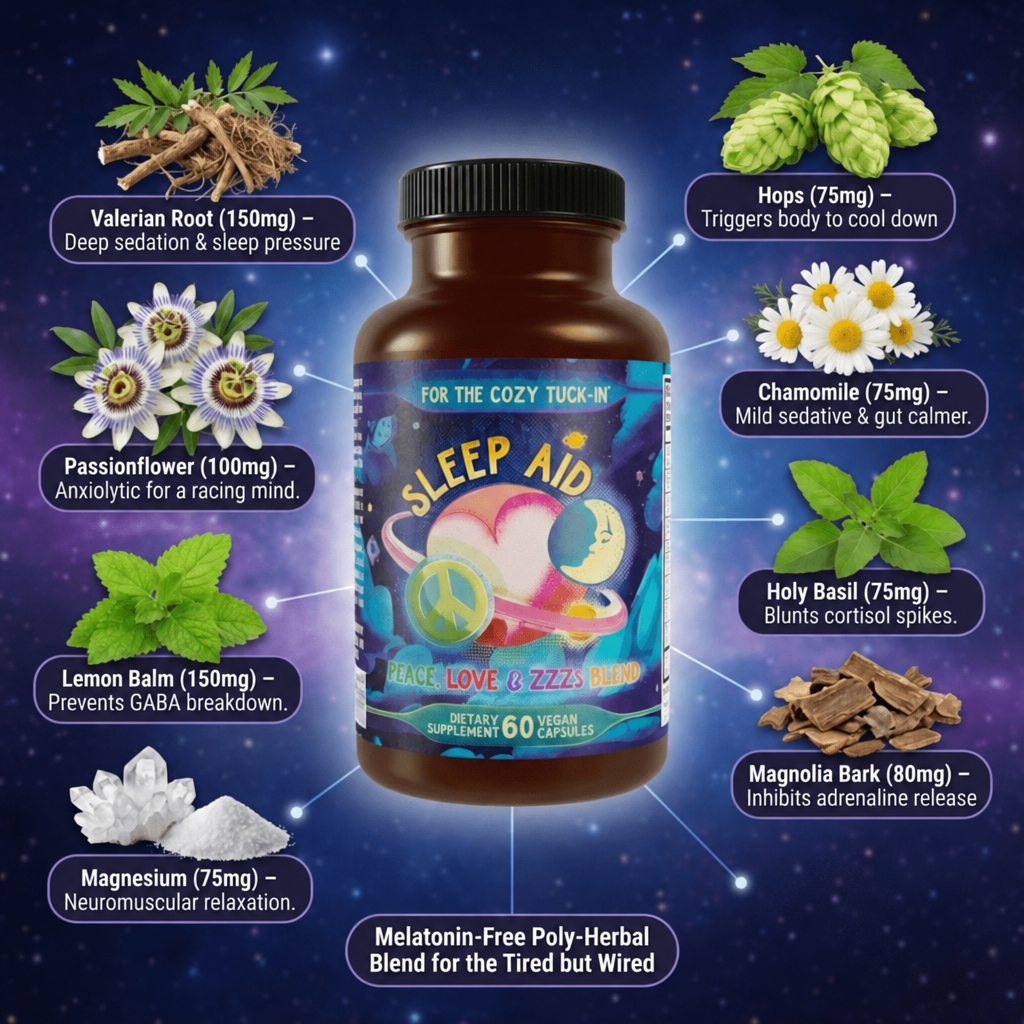 Peace, Love & ZZZs bottle with its seven botanicals and magnesium, each labeled with its dose
