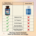 Comparison chart showing Hippie Farms Premium Sleep Aid vs generic melatonin, highlighting natural sleep aid supplement, melatonin-free and no hangover benefits