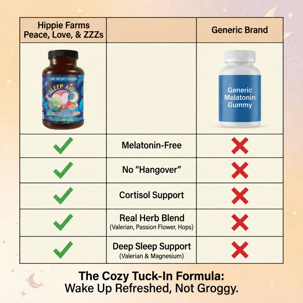 Comparison chart showing Hippie Farms Premium Sleep Aid vs generic melatonin, highlighting natural sleep aid supplement, melatonin-free and no hangover benefits