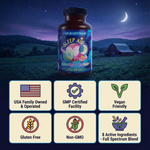 Bottle of Premium Sleep Aid Formula - Peace, Love, and ZZZ's Blend on night farm background, natural sleep aid supplement label, organic ingredients, vegan & gluten-free