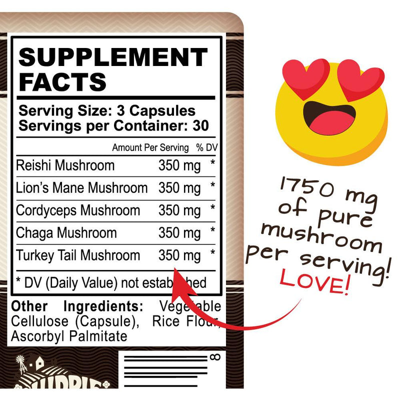 5 Mushrooms Reserve Blend - US Grown Organic Mushroom Supplement - 90 Count - Hippie Farms