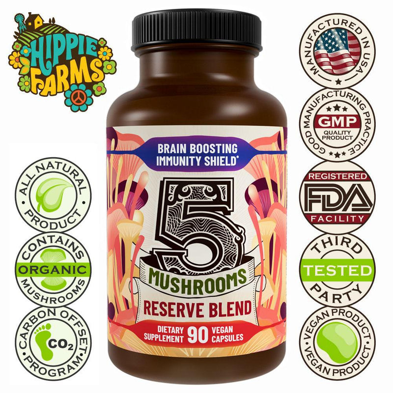 5 Mushrooms Reserve Blend - US Grown Organic Mushroom Supplement - 90 Count - Hippie Farms