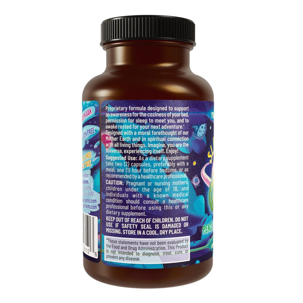 Back label of Premium Sleep Aid Formula bottle showing ingredients and benefits for a natural sleep aid supplement, no melatonin, organic herbs