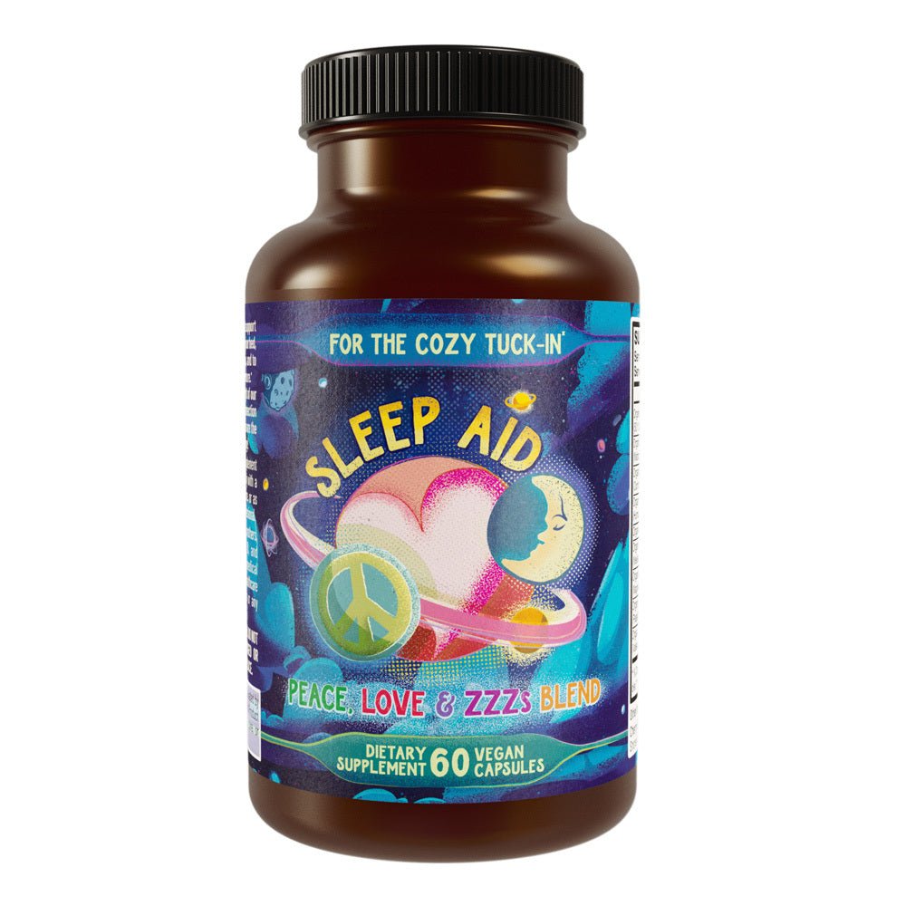 Jar of Peace, Love, and ZZZ's Blend sleep aid capsules - natural sleep aid supplement with organic herbs and magnesium