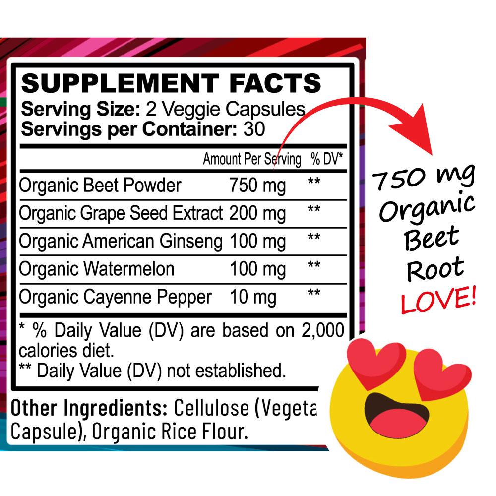 Beet Root Powder Capsules - Happy Heart Blend With Grape Seed Extract, Ginseng - USA Grown Beetroot - Hippie Farms
