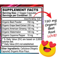Supplement facts label for Premium Total Heart & Circulation Blend showing organic beet powder 750 mg per serving - beetroot supplement