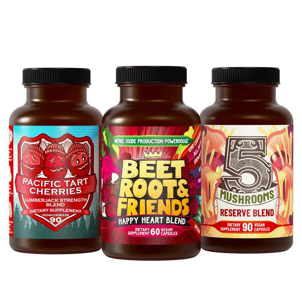 Total Revive Your Youth Stack - Forever Young Bundle three supplement bottles (Pacific Tart Cherries, Beet Root & Friends, 5 Mushrooms)