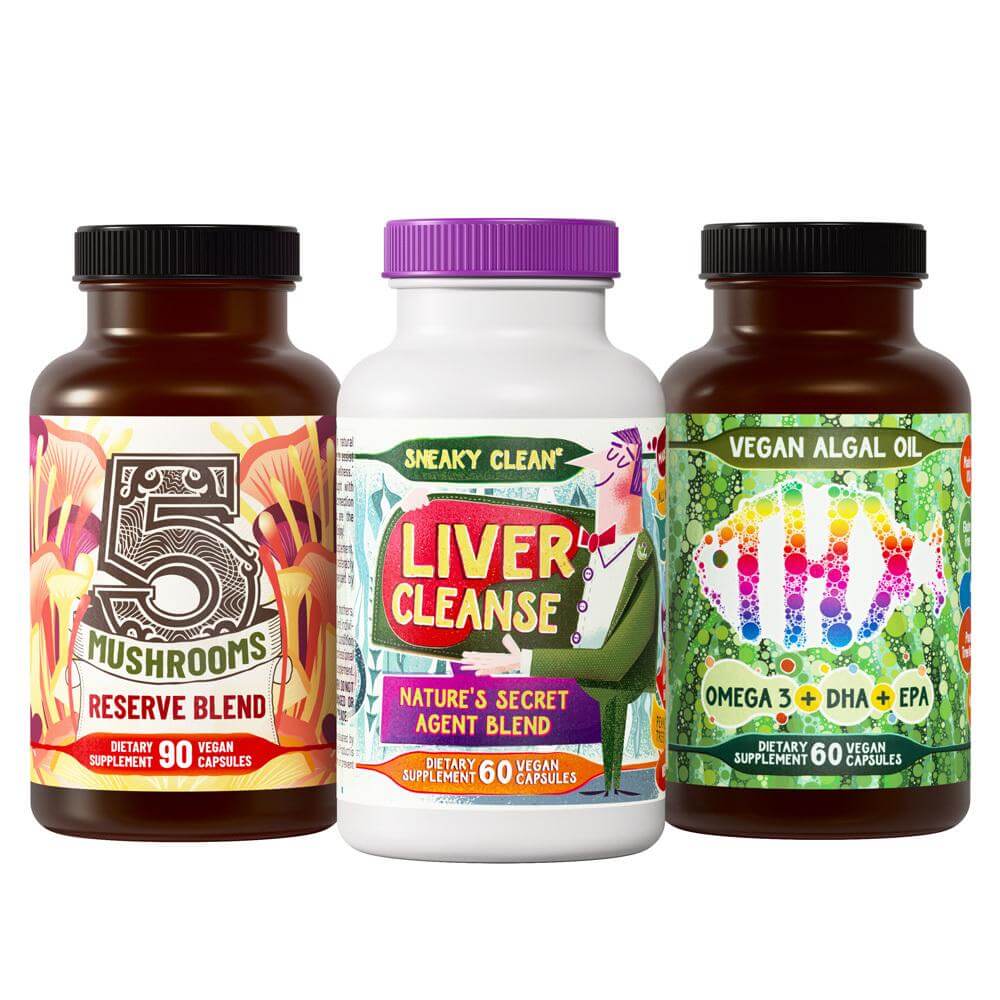 Total Brilliance, Beauty & Balance Stack - three supplement bottles: 5 Mushrooms Reserve Blend, Liver Cleanse, and Vegan Algal Oil