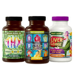 Bottles of supplements in the Vital Organ Health and Wellness Stack showing Vegan Algal Oil, The Vita-Bunch multivitamin, and Liver Cleanse