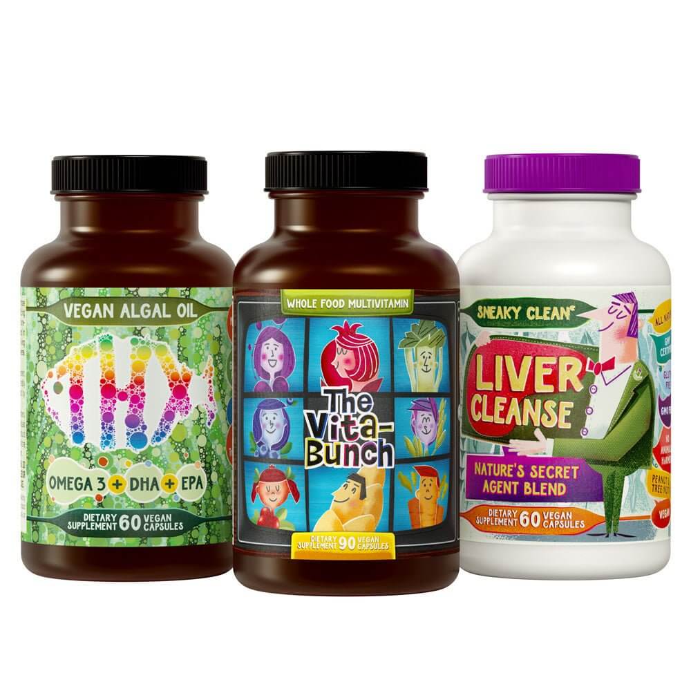 Bottles of supplements in the Vital Organ Health and Wellness Stack showing Vegan Algal Oil, The Vita-Bunch multivitamin, and Liver Cleanse