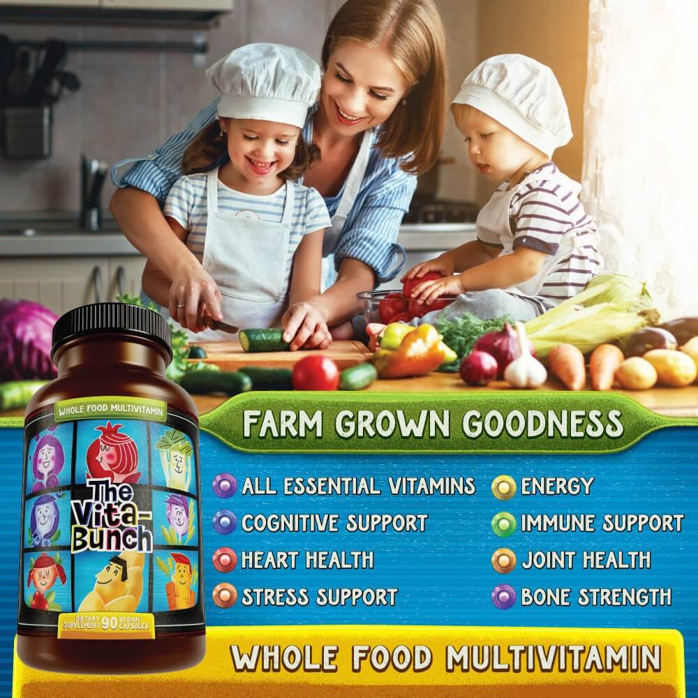 The Vita-Bunch Whole Food Multi-Vitamin for All Adults bottle with family preparing vegetables, whole food multivitamin benefits listed