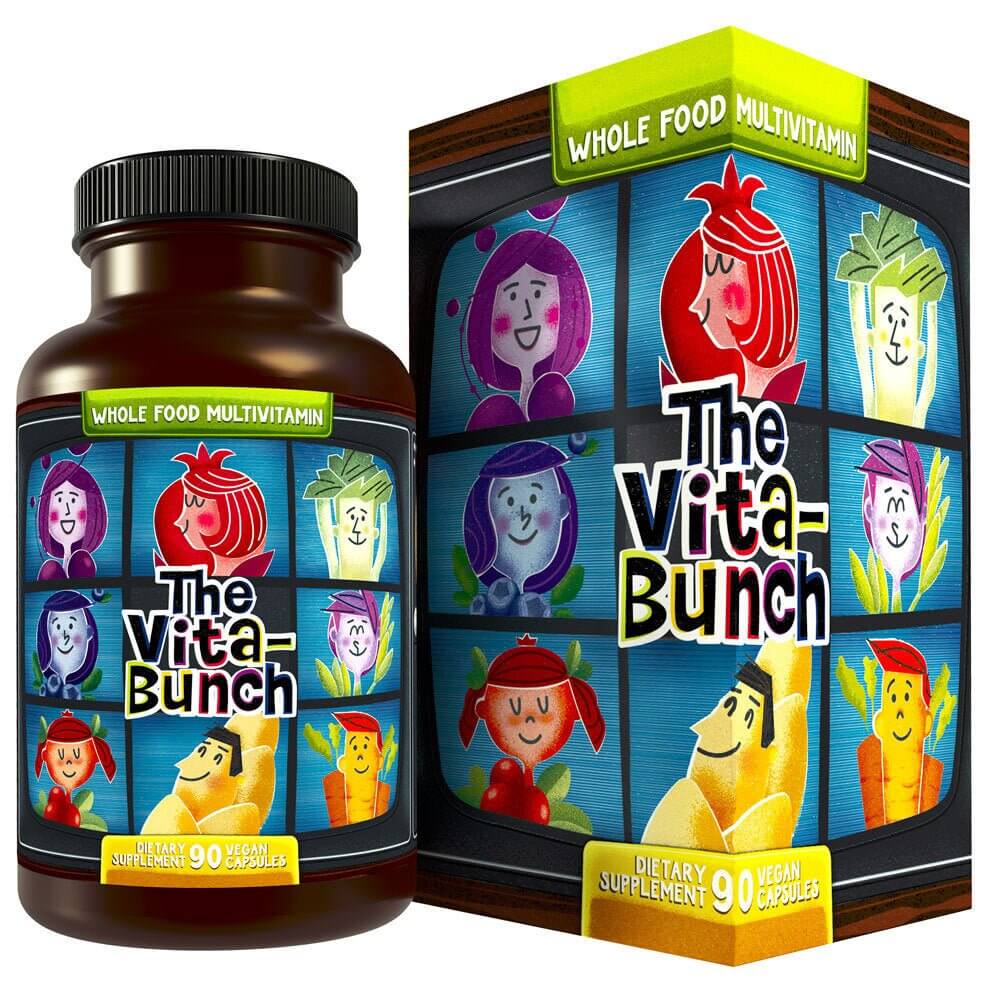 The Vita-Bunch Whole Food Multi-Vitamin for All Adults bottle and box showing whole food greens, fruits and 90 vegan capsules for daily nutrition