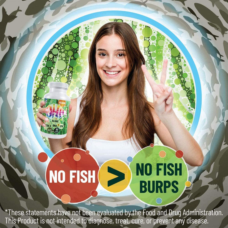 Young woman holding bottle of Vegan Algae Oil DHA & EPA supplement promoting vegan omega 3 supplement, cruelty-free, no fish burps, USA farm-grown source