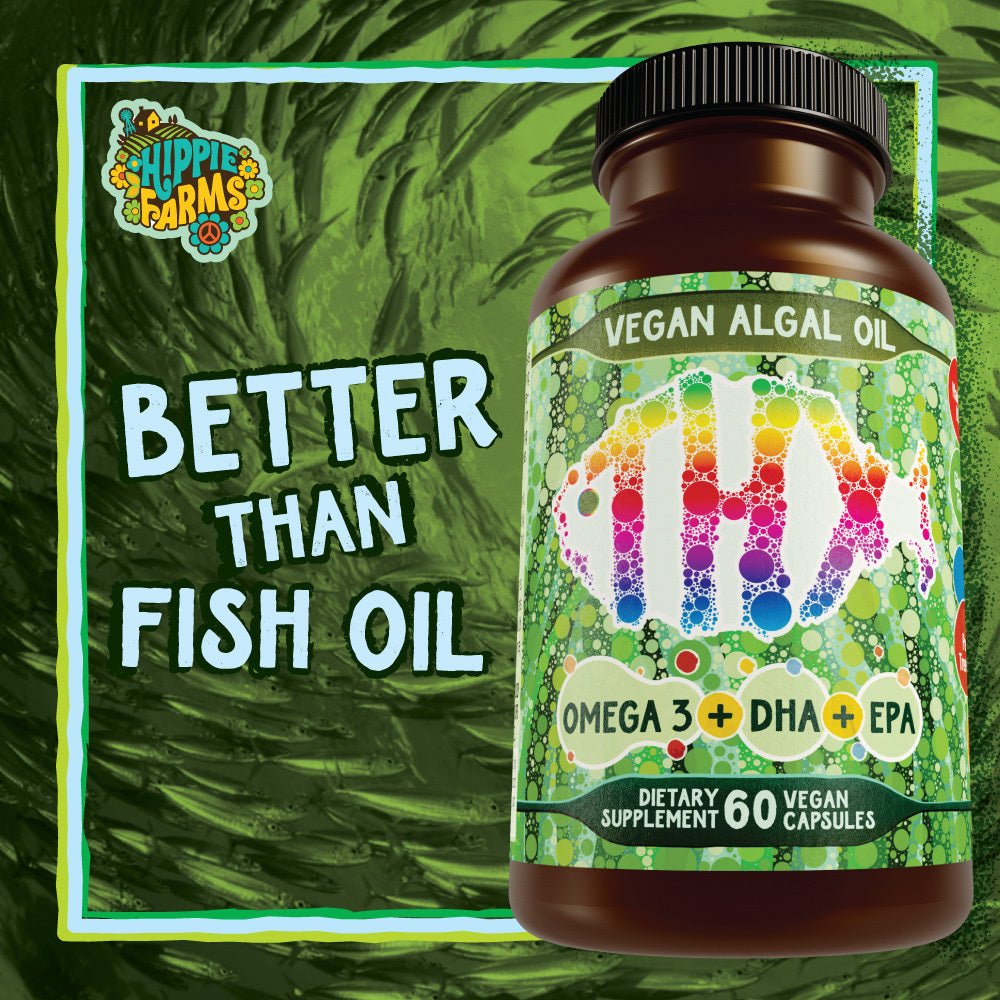 Bottle of Vegan Algae Oil supplement labelled DHA EPA — vegan omega 3 supplement, USA-grown cruelty-free omega-3 capsules