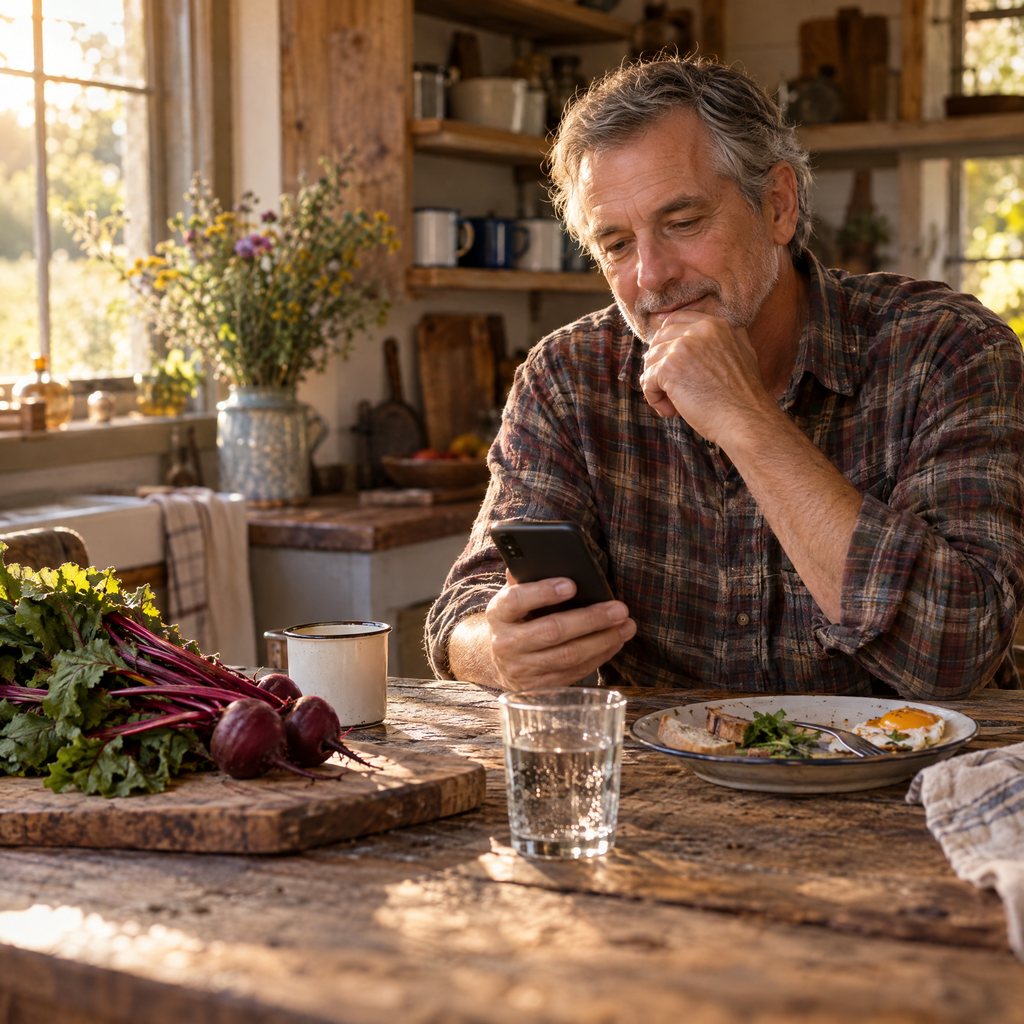 A man at his farmhouse kitchen table reading on his phone beside fresh beets