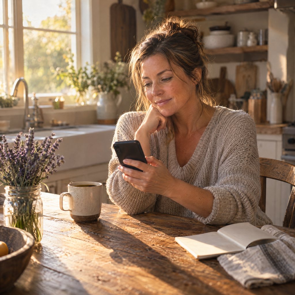 A woman at her farmhouse kitchen table reading on her phone beside fresh lavender