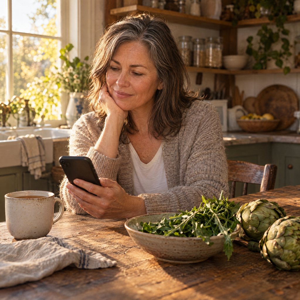 A woman at her farmhouse kitchen table reading about liver support on her phone