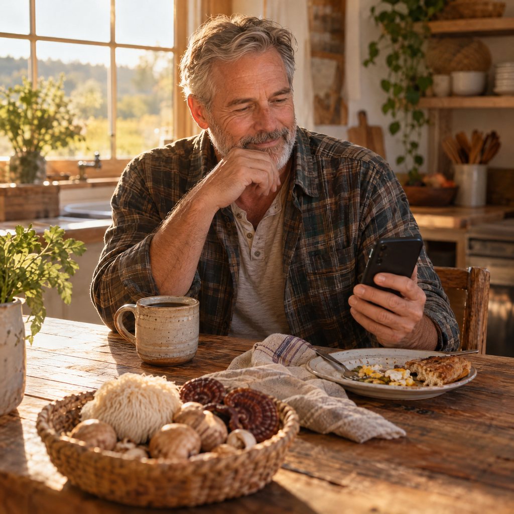 A man at his farmhouse kitchen table reading on his phone beside a basket of mushrooms