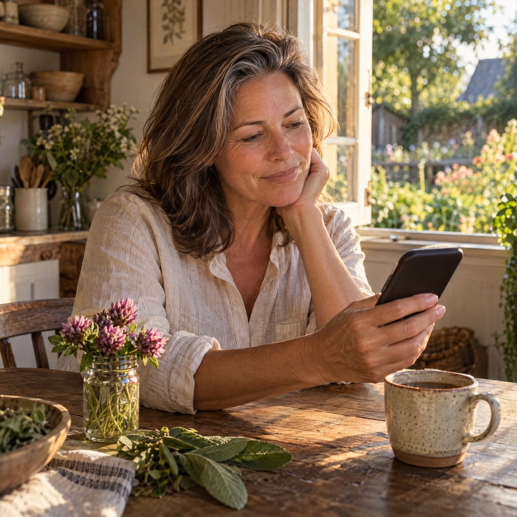 A woman at her farmhouse kitchen table reading on her phone beside fresh sage