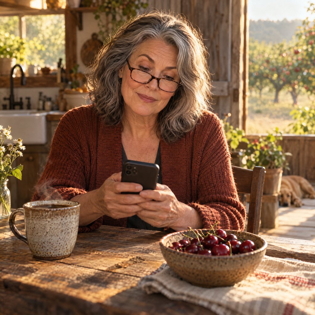 A woman at her farmhouse kitchen table reading about tart cherry on her phone