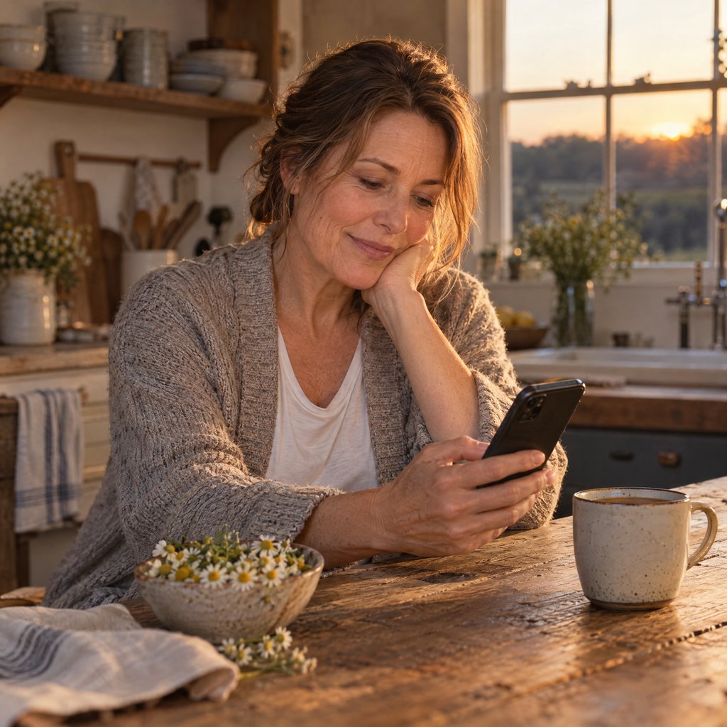 A woman at her farmhouse kitchen table reading on her phone in the evening light