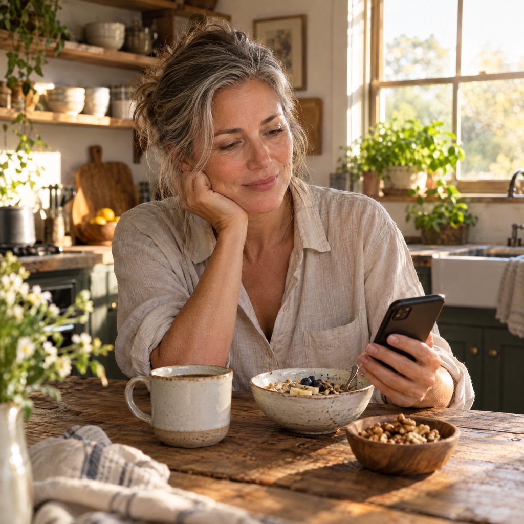 A woman at her farmhouse kitchen table reading on her phone beside a bowl of walnuts