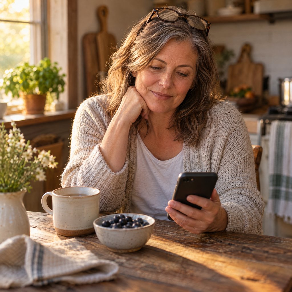 A woman at her farmhouse kitchen table reading on her phone beside a bowl of blueberries